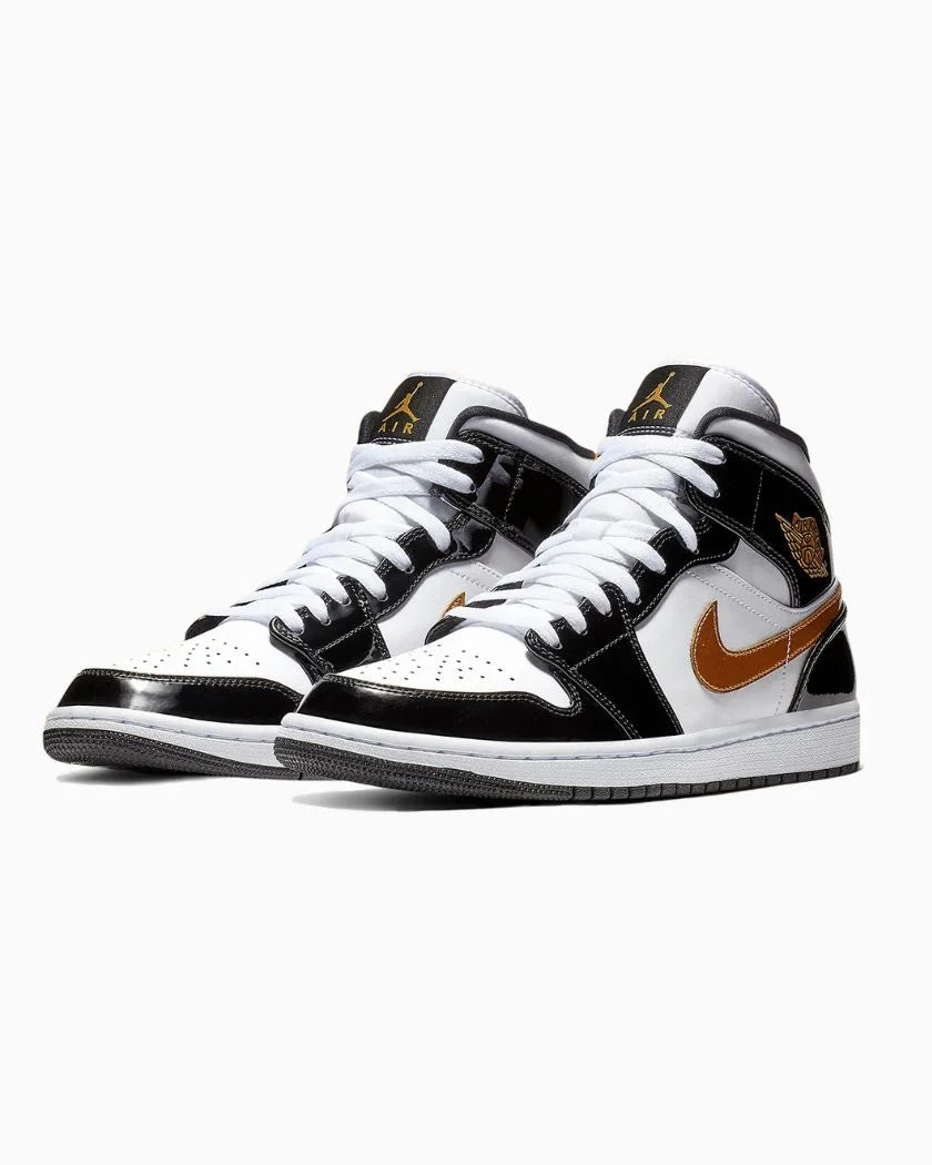 Nike Air Jordan 1 Mid Patent Black White Gold