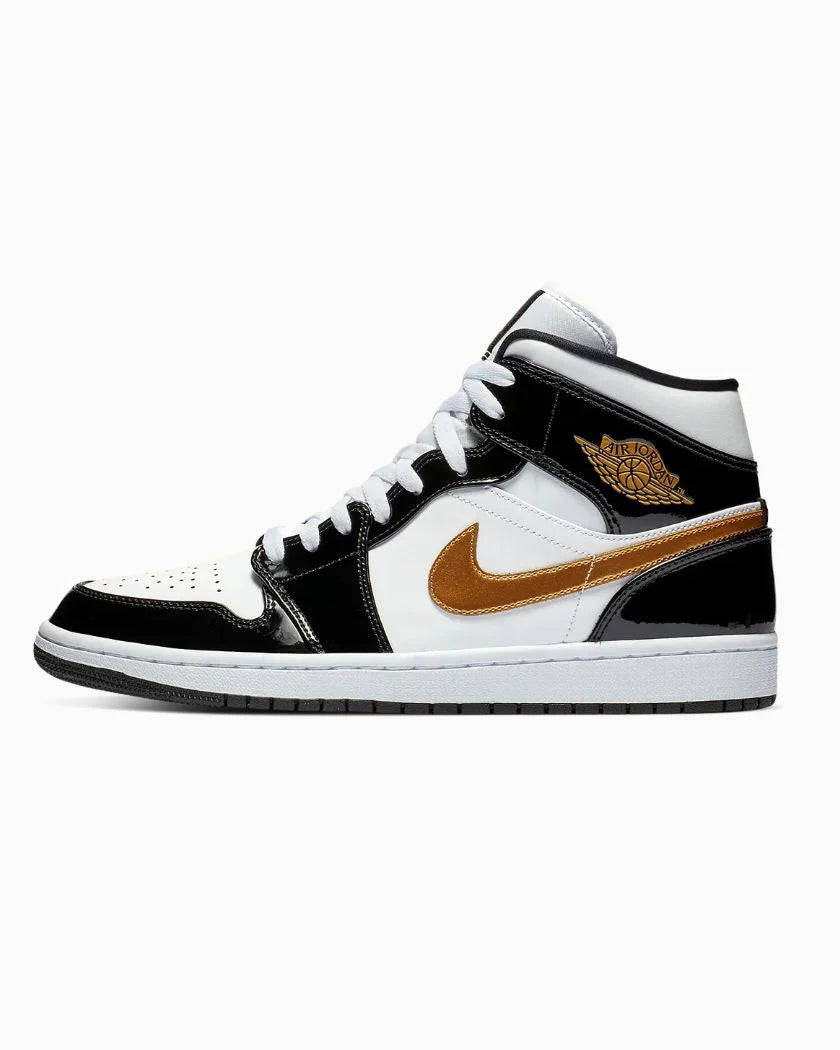 Nike Air Jordan 1 Mid Patent Black White Gold